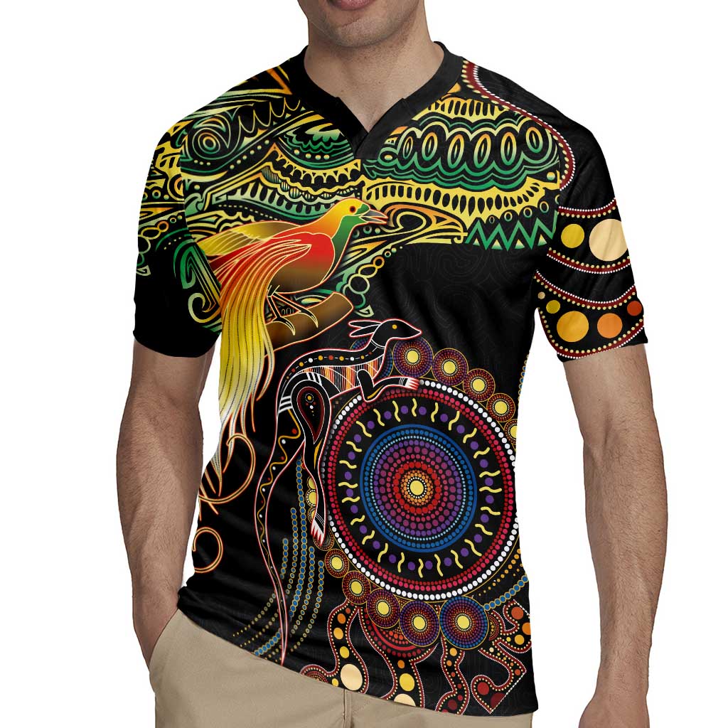 Papua New Guinea and Australia Together Rugby Jersey Bird of Paradise and Kangaroo Melanesian Aboriginal Motifs - Polynesian Pride