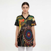 Papua New Guinea and Australia Together Scrub Top Bird of Paradise and Kangaroo Melanesian Aboriginal Motifs - Polynesian Pride