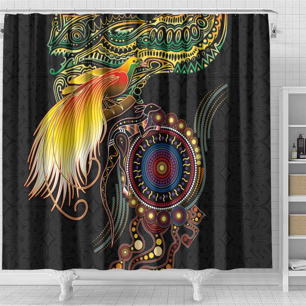 Papua New Guinea and Australia Together Shower Curtain Bird of Paradise and Kangaroo Melanesian Aboriginal Motifs - Polynesian Pride