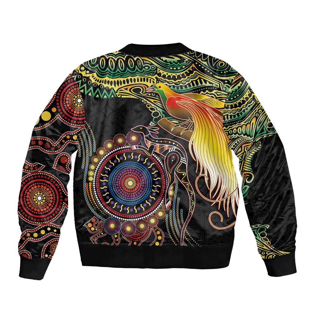 Papua New Guinea and Australia Together Sleeve Zip Bomber Jacket Bird of Paradise and Kangaroo Melanesian Aboriginal Motifs - Polynesian Pride