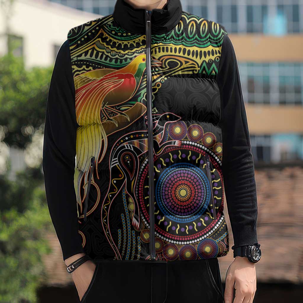 Papua New Guinea and Australia Together Sleeveless Puffer Jacket Bird of Paradise and Kangaroo Melanesian Aboriginal Motifs LT03 - Polynesian Pride