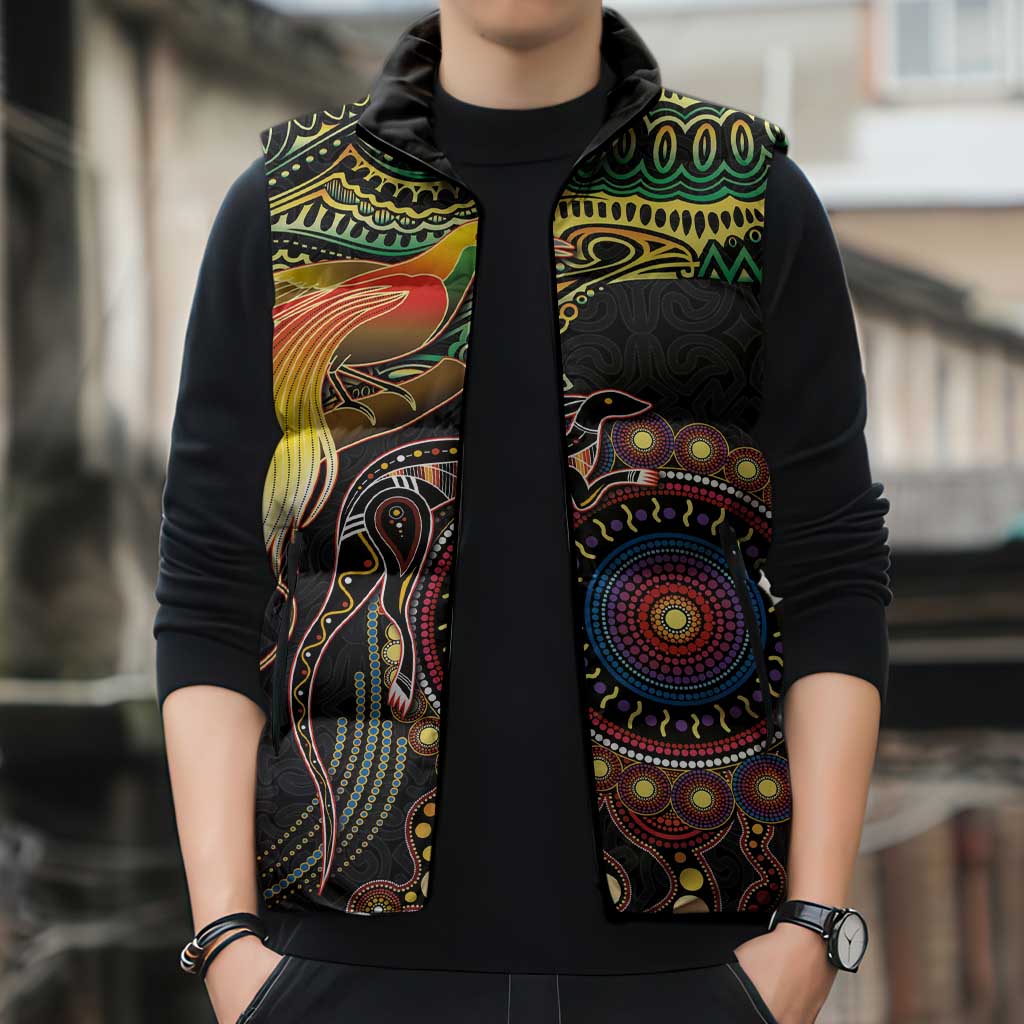Papua New Guinea and Australia Together Sleeveless Puffer Jacket Bird of Paradise and Kangaroo Melanesian Aboriginal Motifs LT03 - Polynesian Pride
