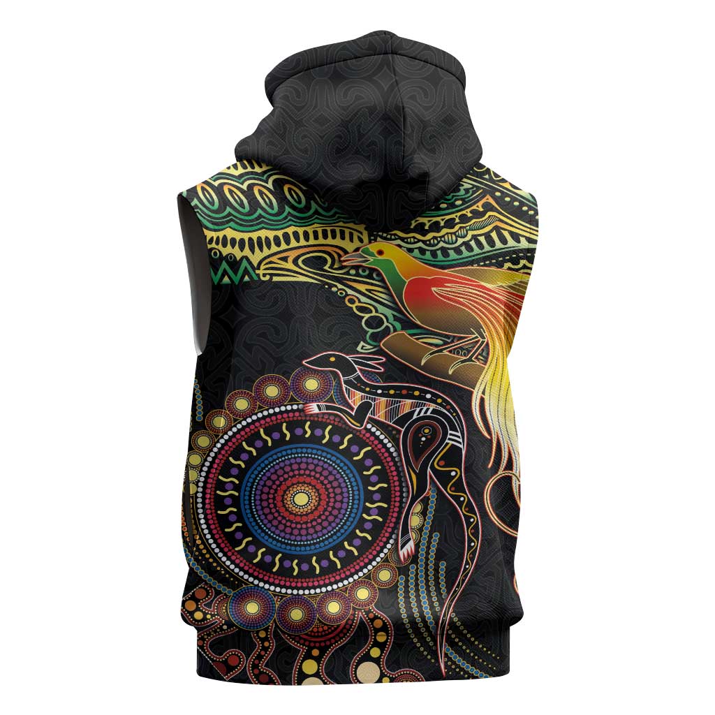 Papua New Guinea and Australia Together Sleeveless Zip Hoodie Bird of Paradise and Kangaroo Melanesian Aboriginal Motifs - Polynesian Pride
