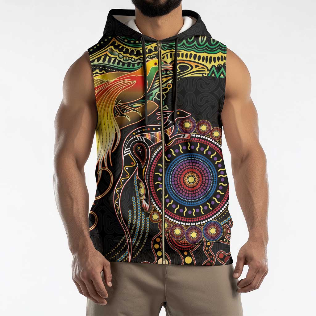 Papua New Guinea and Australia Together Sleeveless Zip Hoodie Bird of Paradise and Kangaroo Melanesian Aboriginal Motifs - Polynesian Pride
