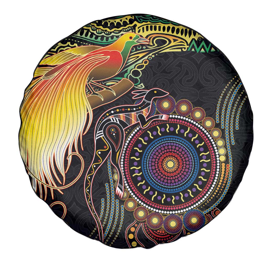 Papua New Guinea and Australia Together Spare Tire Cover Bird of Paradise and Kangaroo Melanesian Aboriginal Motifs - Polynesian Pride