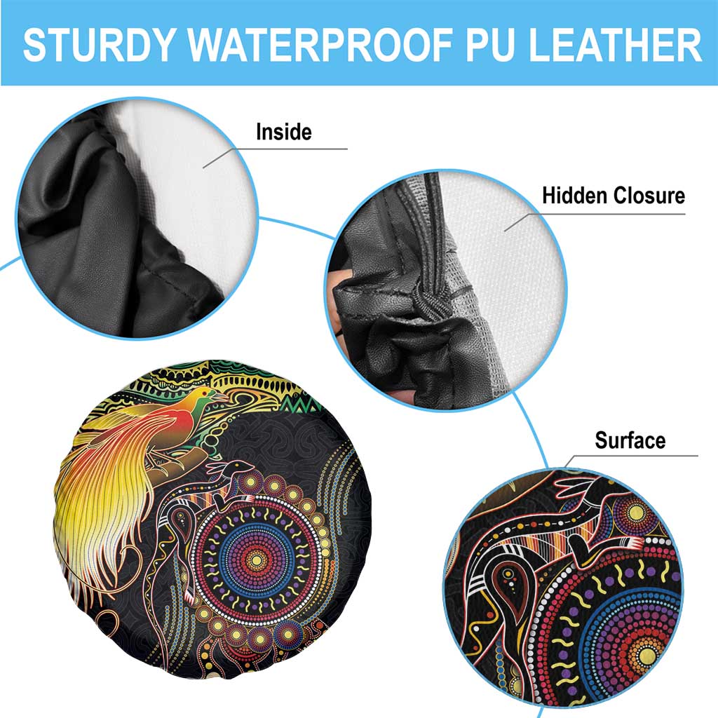 Papua New Guinea and Australia Together Spare Tire Cover Bird of Paradise and Kangaroo Melanesian Aboriginal Motifs - Polynesian Pride