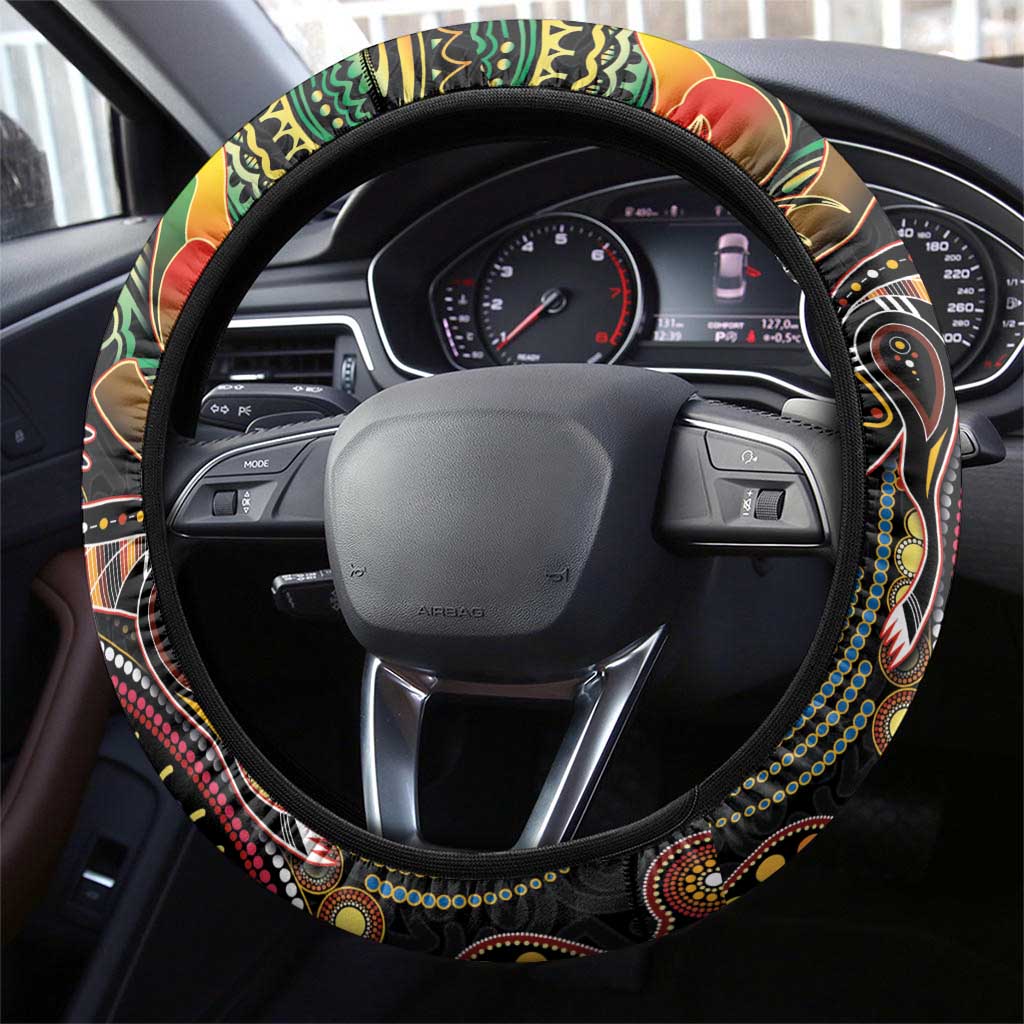 Papua New Guinea and Australia Together Steering Wheel Cover Bird of Paradise and Kangaroo Melanesian Aboriginal Motifs - Polynesian Pride
