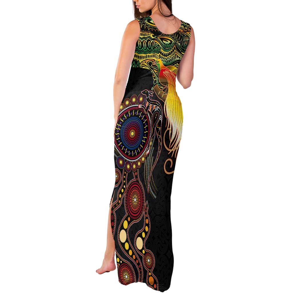 Papua New Guinea and Australia Together Tank Maxi Dress Bird of Paradise and Kangaroo Melanesian Aboriginal Motifs LT03 - Polynesian Pride