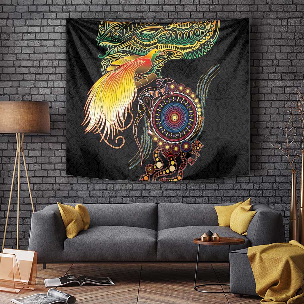Papua New Guinea and Australia Together Tapestry Bird of Paradise and Kangaroo Melanesian Aboriginal Motifs - Polynesian Pride