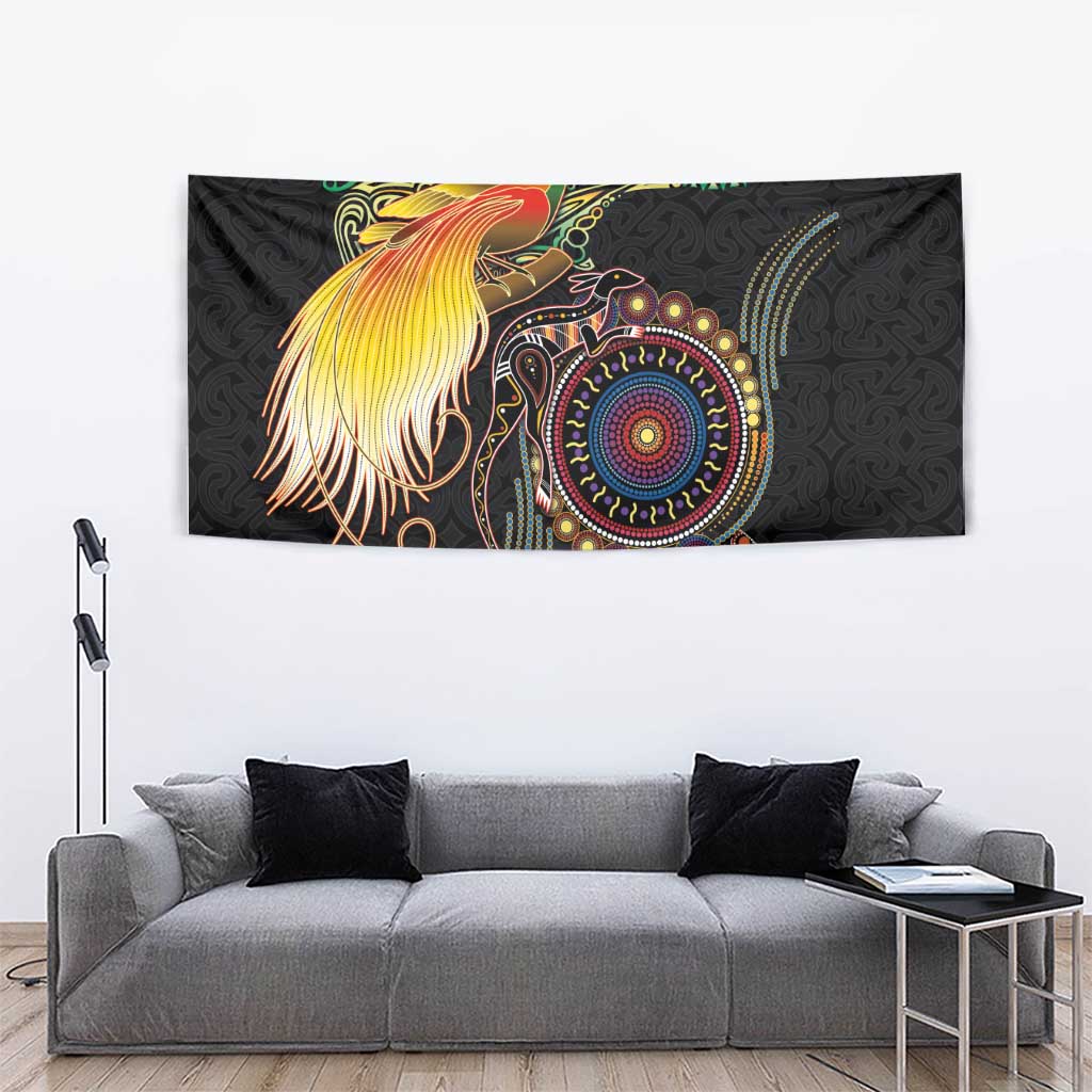 Papua New Guinea and Australia Together Tapestry Bird of Paradise and Kangaroo Melanesian Aboriginal Motifs - Polynesian Pride