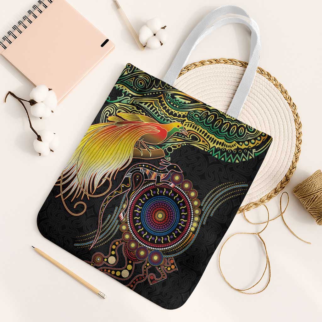 Papua New Guinea and Australia Together Tote Bag Bird of Paradise and Kangaroo Melanesian Aboriginal Motifs - Polynesian Pride