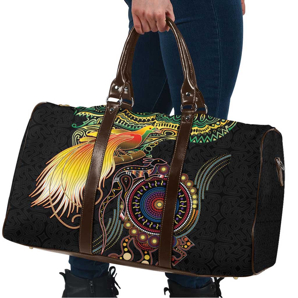 Papua New Guinea and Australia Together Travel Bag Bird of Paradise and Kangaroo Melanesian Aboriginal Motifs - Polynesian Pride