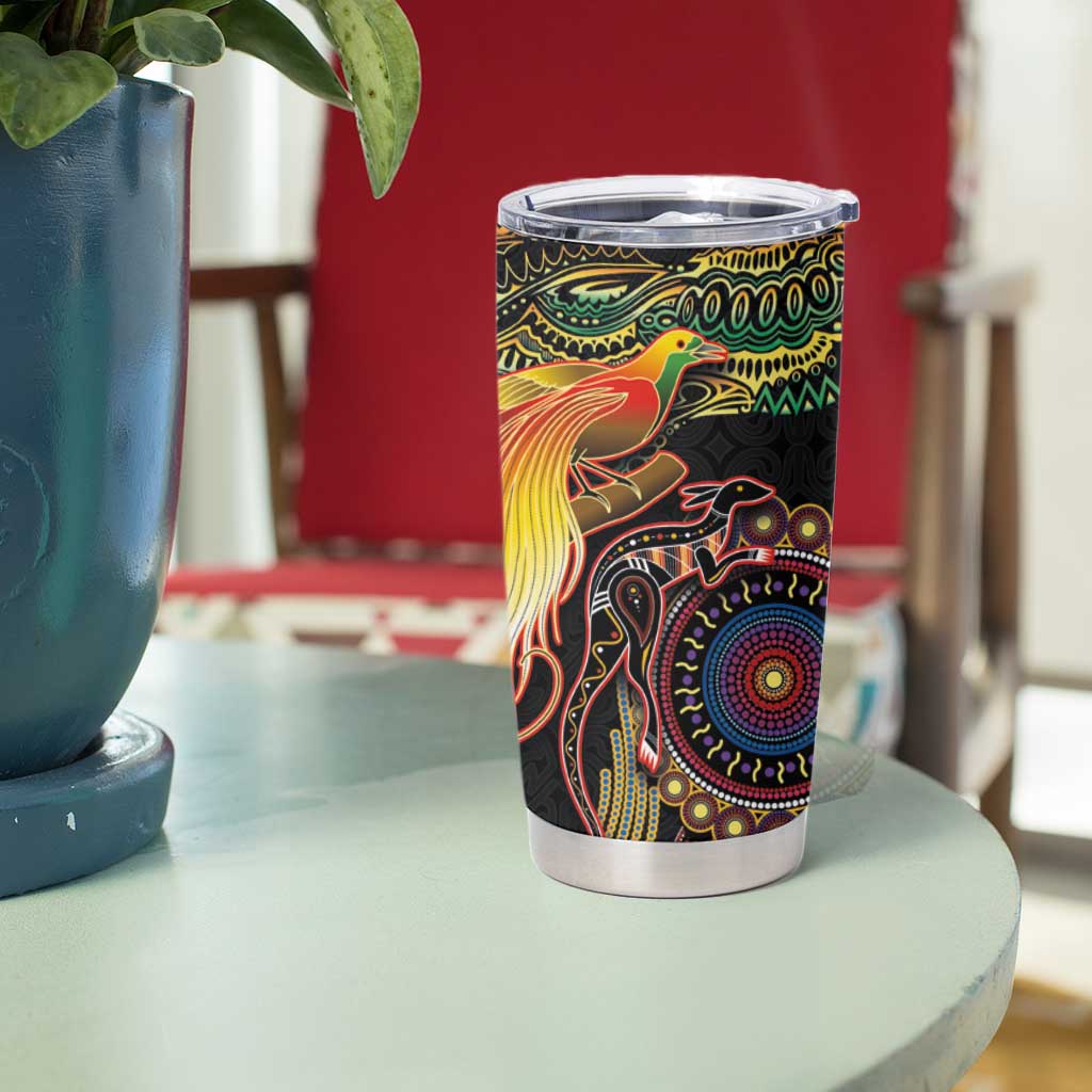 Papua New Guinea and Australia Together Tumbler Cup Bird of Paradise and Kangaroo Melanesian Aboriginal Motifs - Polynesian Pride