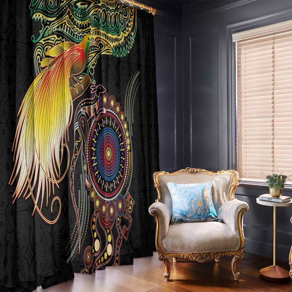 Papua New Guinea and Australia Together Window Curtain Bird of Paradise and Kangaroo Melanesian Aboriginal Motifs - Polynesian Pride
