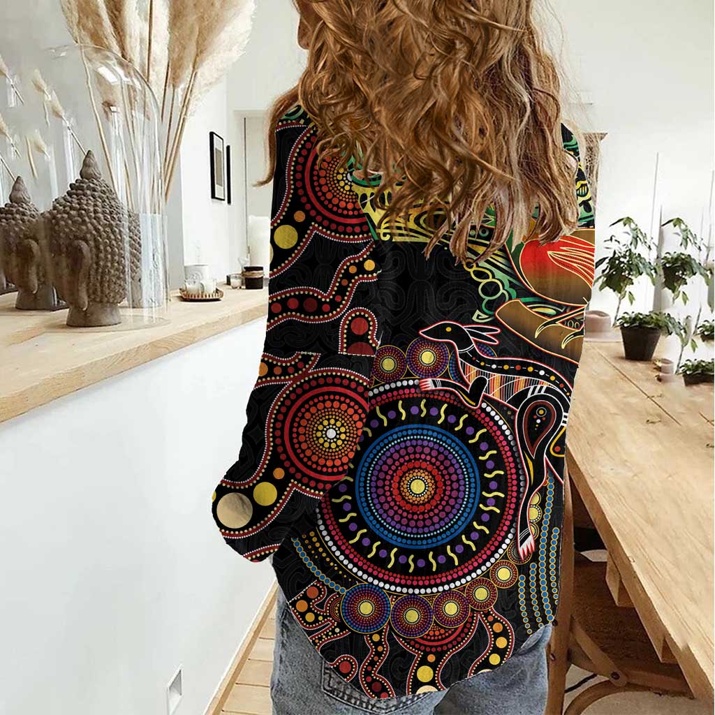 Papua New Guinea and Australia Together Women Casual Shirt Bird of Paradise and Kangaroo Melanesian Aboriginal Motifs - Polynesian Pride