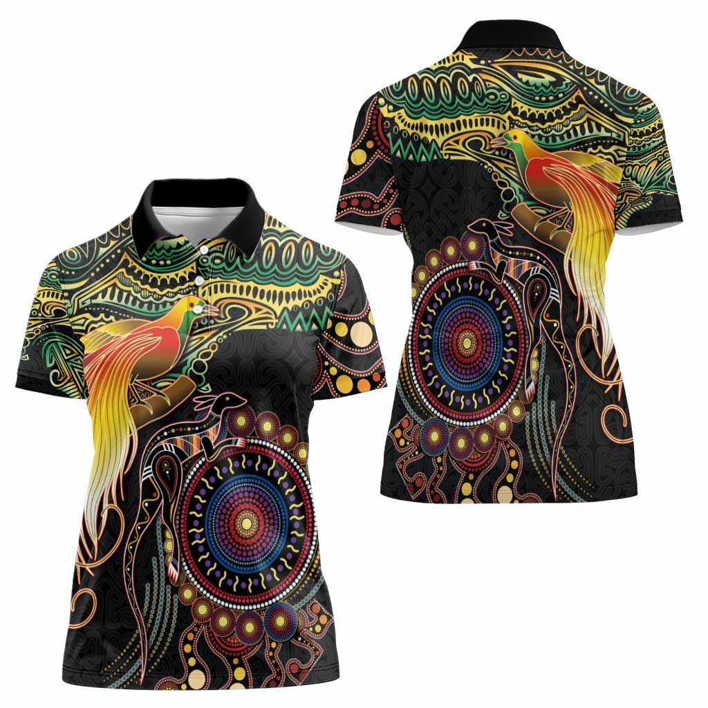 Papua New Guinea and Australia Together Women Polo Shirt Bird of Paradise and Kangaroo Melanesian Aboriginal Motifs - Polynesian Pride