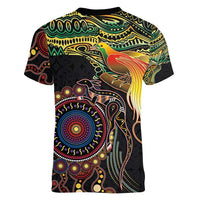 Papua New Guinea and Australia Together Women V-Neck T-Shirt Bird of Paradise and Kangaroo Melanesian Aboriginal Motifs - Polynesian Pride