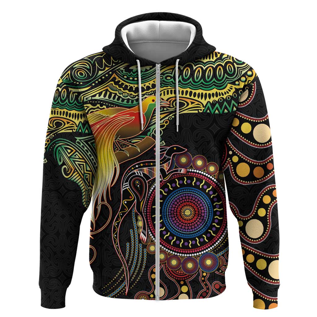 Papua New Guinea and Australia Together Zip Hoodie Bird of Paradise and Kangaroo Melanesian Aboriginal Motifs - Polynesian Pride