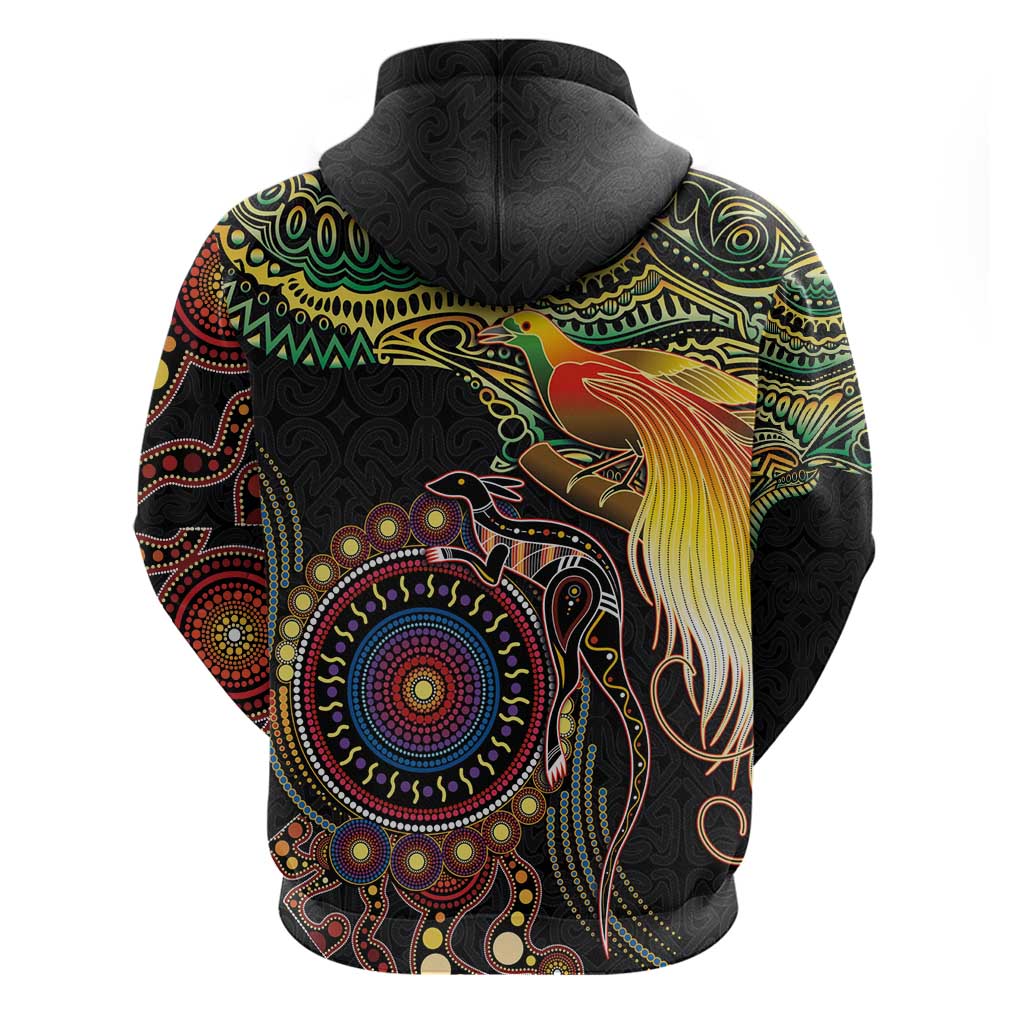 Papua New Guinea and Australia Together Zip Hoodie Bird of Paradise and Kangaroo Melanesian Aboriginal Motifs - Polynesian Pride