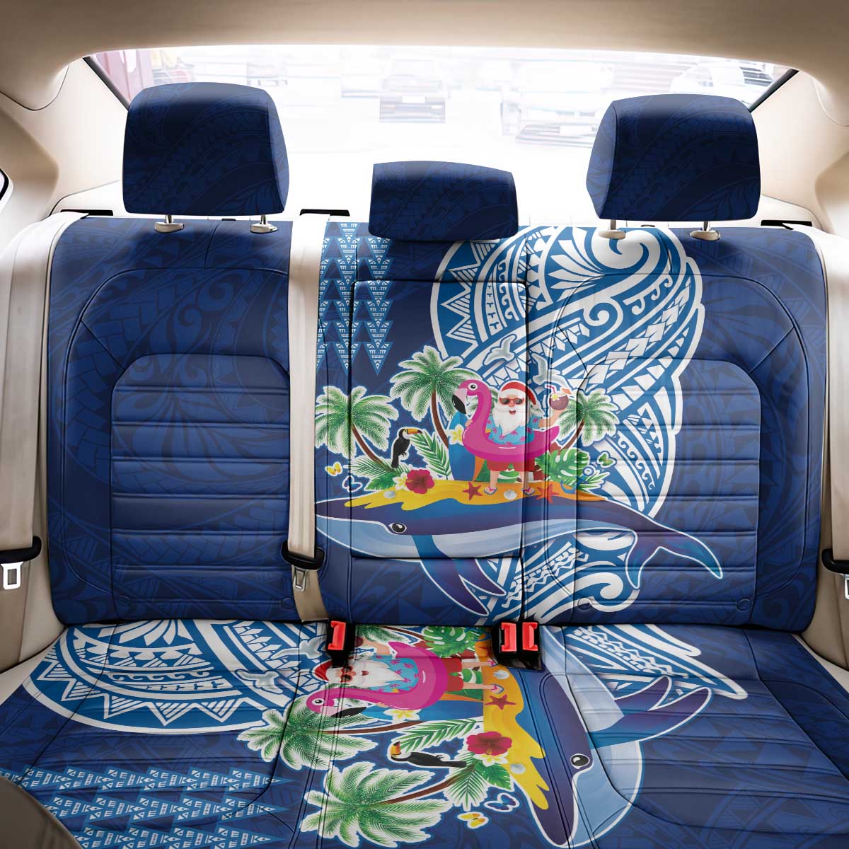 Hawaiian Mele Kalikimaka Back Car Seat Cover Funny Santa on Whale Island with Kakau Tattoos - Polynesian Pride