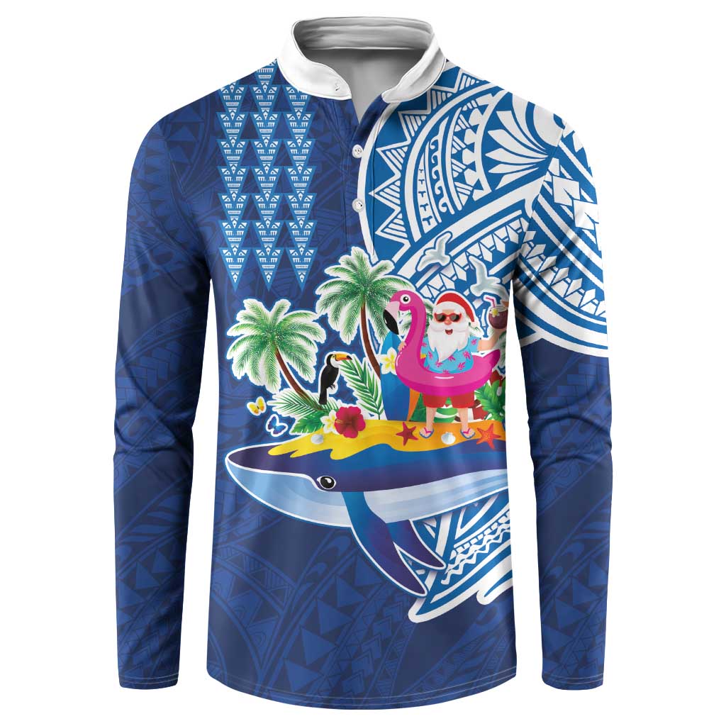 Hawaiian Mele Kalikimaka Button Sweatshirt Funny Santa on Whale Island with Kakau Tattoos - Polynesian Pride