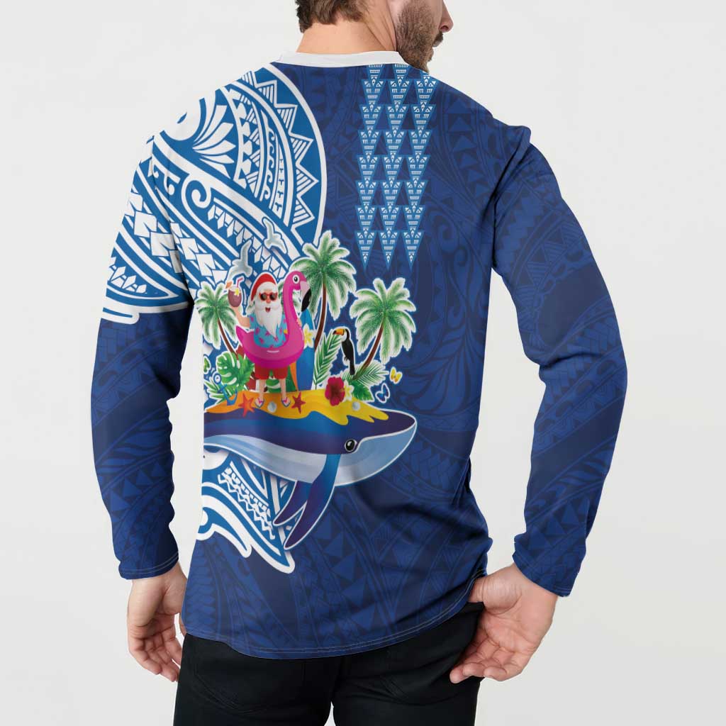 Hawaiian Mele Kalikimaka Button Sweatshirt Funny Santa on Whale Island with Kakau Tattoos - Polynesian Pride