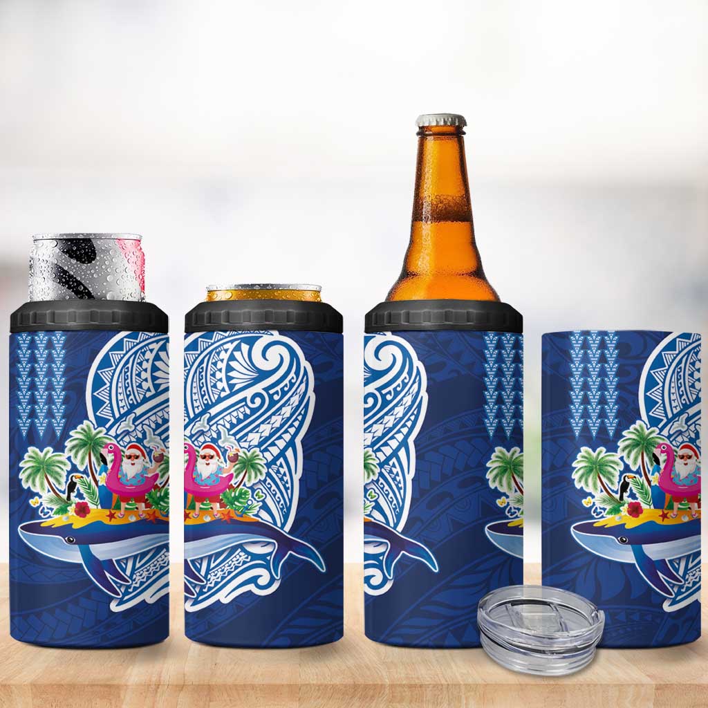 Hawaiian Mele Kalikimaka 4 in 1 Can Cooler Tumbler Funny Santa on Whale Island with Kakau Tattoos - Polynesian Pride