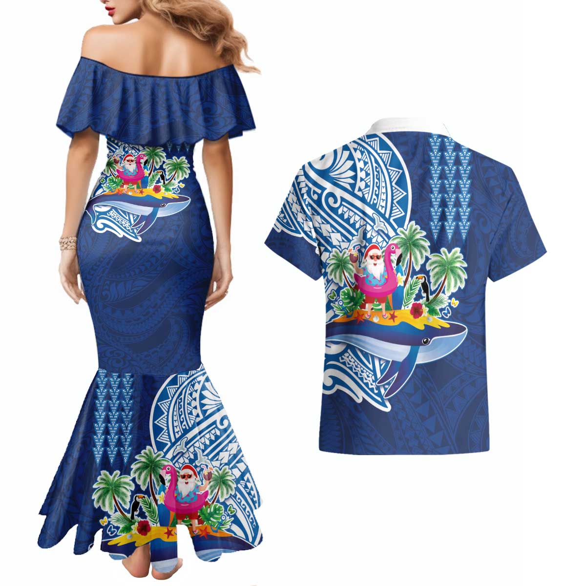 Hawaiian Mele Kalikimaka Couples Matching Mermaid Dress and Hawaiian Shirt Funny Santa on Whale Island with Kakau Tattoos - Polynesian Pride