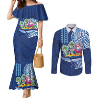 Hawaiian Mele Kalikimaka Couples Matching Mermaid Dress and Long Sleeve Button Shirt Funny Santa on Whale Island with Kakau Tattoos - Polynesian Pride
