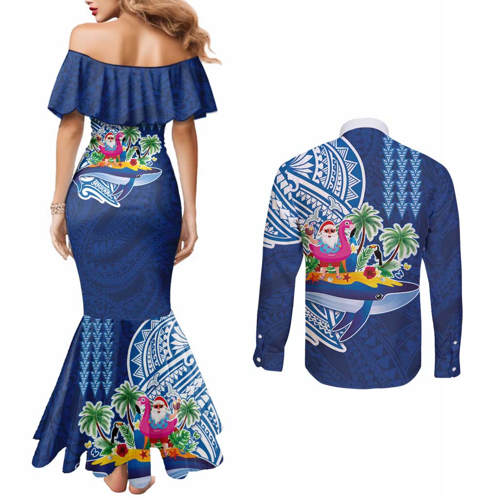Hawaiian Mele Kalikimaka Couples Matching Mermaid Dress and Long Sleeve Button Shirt Funny Santa on Whale Island with Kakau Tattoos - Polynesian Pride