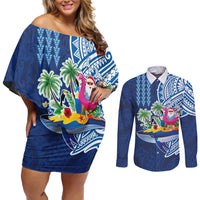 Hawaiian Mele Kalikimaka Couples Matching Off Shoulder Short Dress and Long Sleeve Button Shirt Funny Santa on Whale Island with Kakau Tattoos - Polynesian Pride