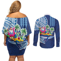 Hawaiian Mele Kalikimaka Couples Matching Off Shoulder Short Dress and Long Sleeve Button Shirt Funny Santa on Whale Island with Kakau Tattoos - Polynesian Pride