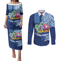 Hawaiian Mele Kalikimaka Couples Matching Puletasi and Long Sleeve Button Shirt Funny Santa on Whale Island with Kakau Tattoos - Polynesian Pride