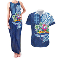 Hawaiian Mele Kalikimaka Couples Matching Tank Maxi Dress and Hawaiian Shirt Funny Santa on Whale Island with Kakau Tattoos - Polynesian Pride