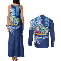 Hawaiian Mele Kalikimaka Couples Matching Tank Maxi Dress and Long Sleeve Button Shirt Funny Santa on Whale Island with Kakau Tattoos - Polynesian Pride