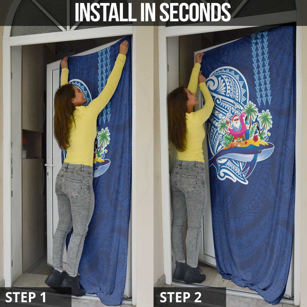 Hawaiian Mele Kalikimaka Door Cover Funny Santa on Whale Island with Kakau Tattoos - Polynesian Pride