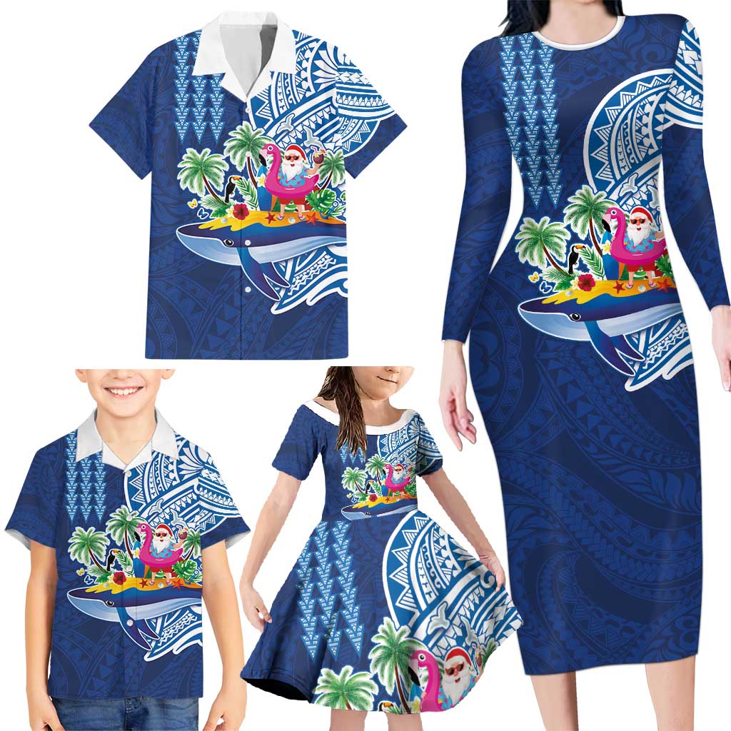 Hawaiian Mele Kalikimaka Family Matching Long Sleeve Bodycon Dress and Hawaiian Shirt Funny Santa on Whale Island with Kakau Tattoos - Polynesian Pride