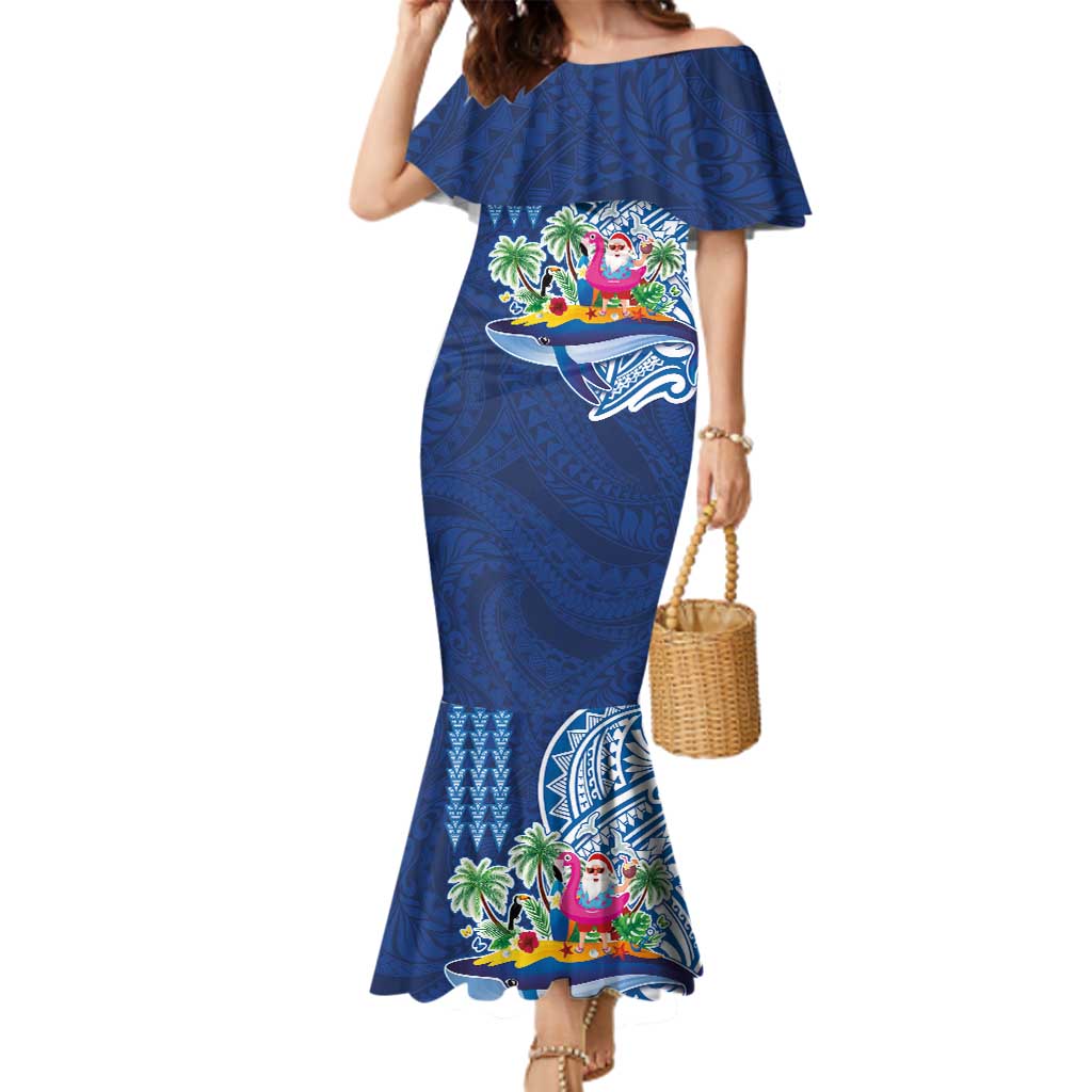 Hawaiian Mele Kalikimaka Family Matching Mermaid Dress and Hawaiian Shirt Funny Santa on Whale Island with Kakau Tattoos - Polynesian Pride