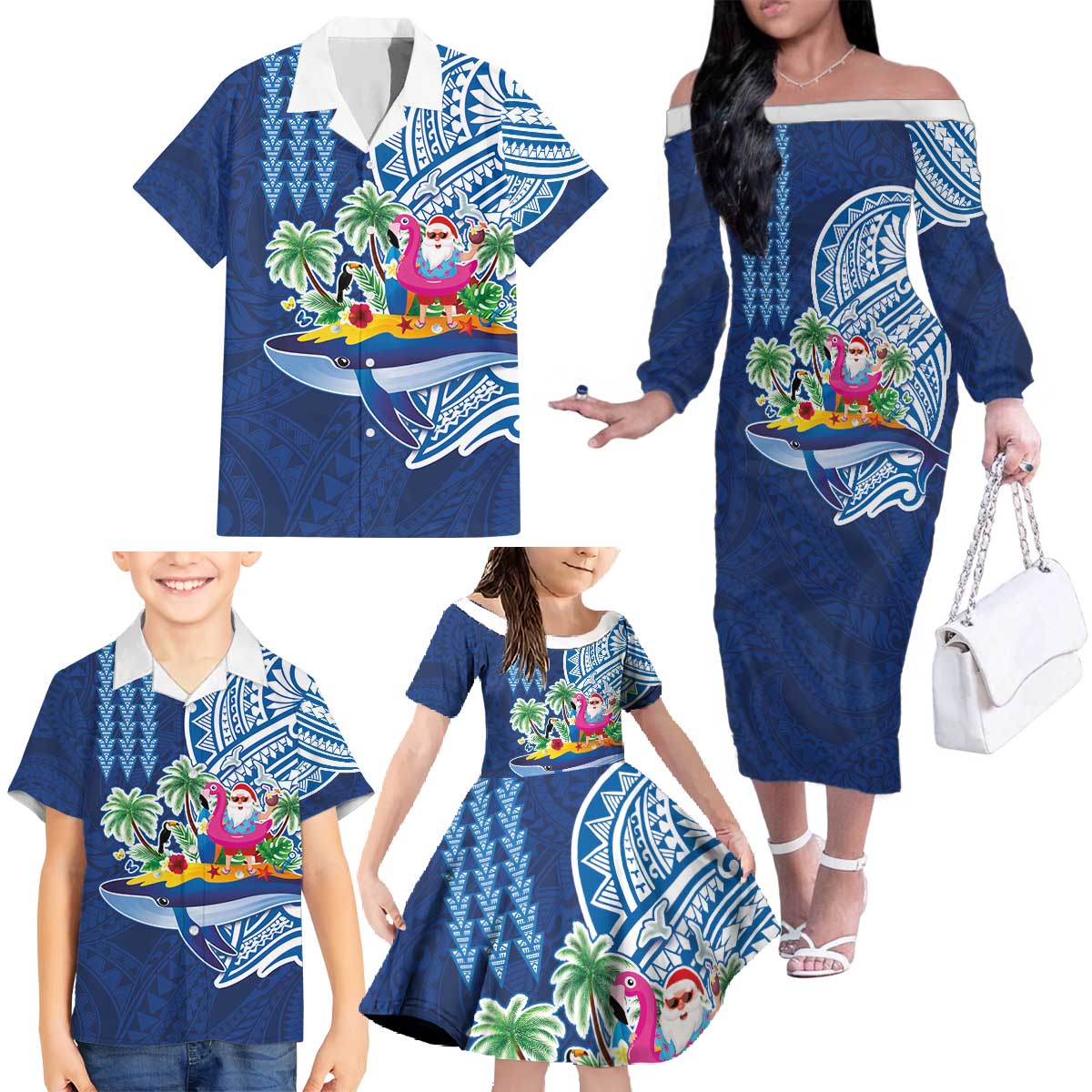 Hawaiian Mele Kalikimaka Family Matching Off The Shoulder Long Sleeve Dress and Hawaiian Shirt Funny Santa on Whale Island with Kakau Tattoos - Polynesian Pride