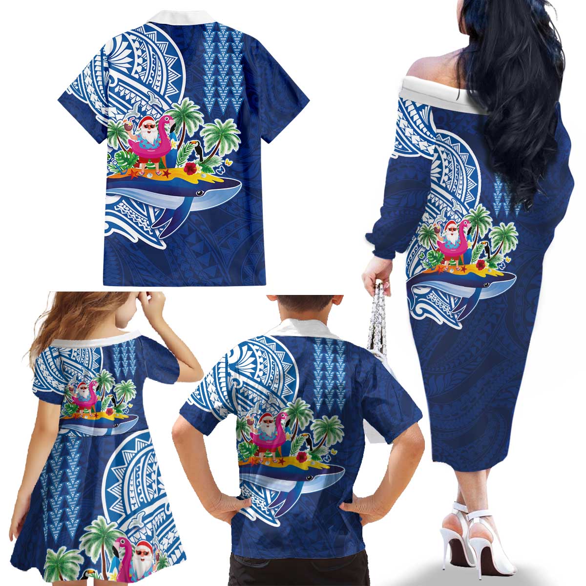 Hawaiian Mele Kalikimaka Family Matching Off The Shoulder Long Sleeve Dress and Hawaiian Shirt Funny Santa on Whale Island with Kakau Tattoos - Polynesian Pride