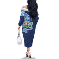 Hawaiian Mele Kalikimaka Family Matching Off The Shoulder Long Sleeve Dress and Hawaiian Shirt Funny Santa on Whale Island with Kakau Tattoos - Polynesian Pride