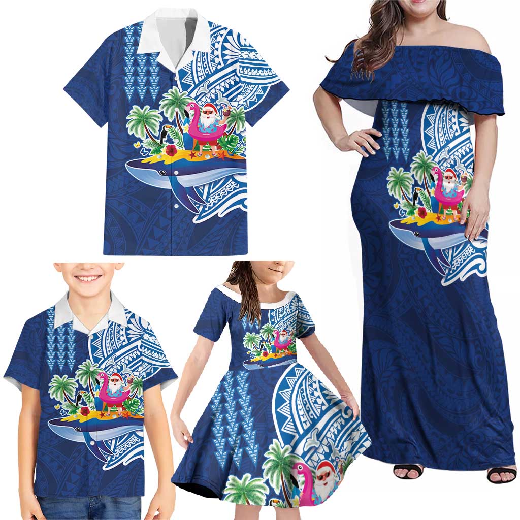Hawaiian Mele Kalikimaka Family Matching Off Shoulder Maxi Dress and Hawaiian Shirt Funny Santa on Whale Island with Kakau Tattoos - Polynesian Pride