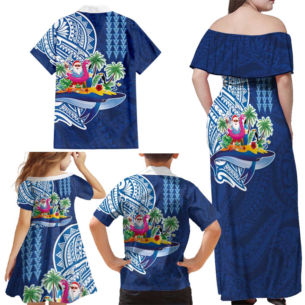 Hawaiian Mele Kalikimaka Family Matching Off Shoulder Maxi Dress and Hawaiian Shirt Funny Santa on Whale Island with Kakau Tattoos - Polynesian Pride