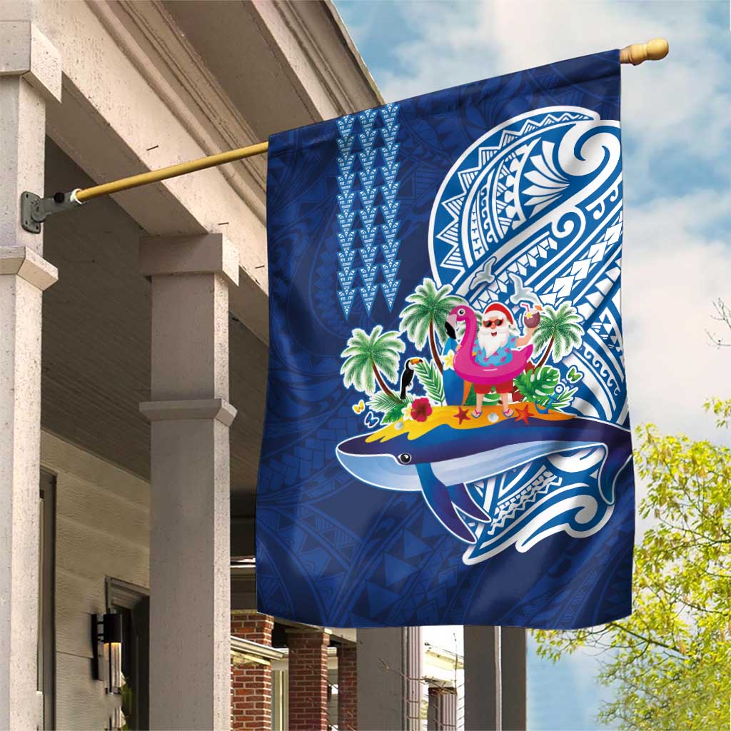 Hawaiian Mele Kalikimaka Garden Flag Funny Santa on Whale Island with Kakau Tattoos - Polynesian Pride