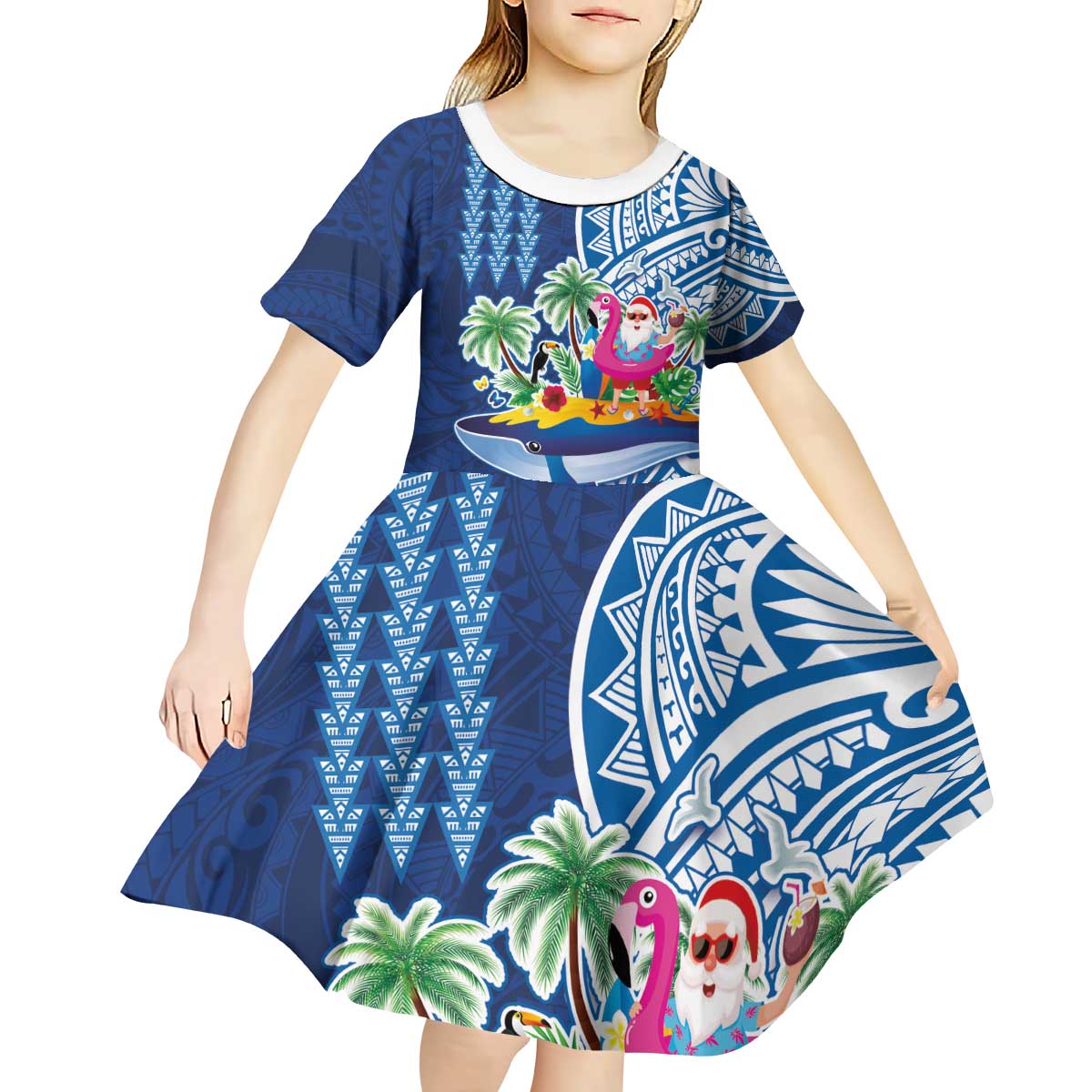 Hawaiian Mele Kalikimaka Kid Short Sleeve Dress Funny Santa on Whale Island with Kakau Tattoos - Polynesian Pride