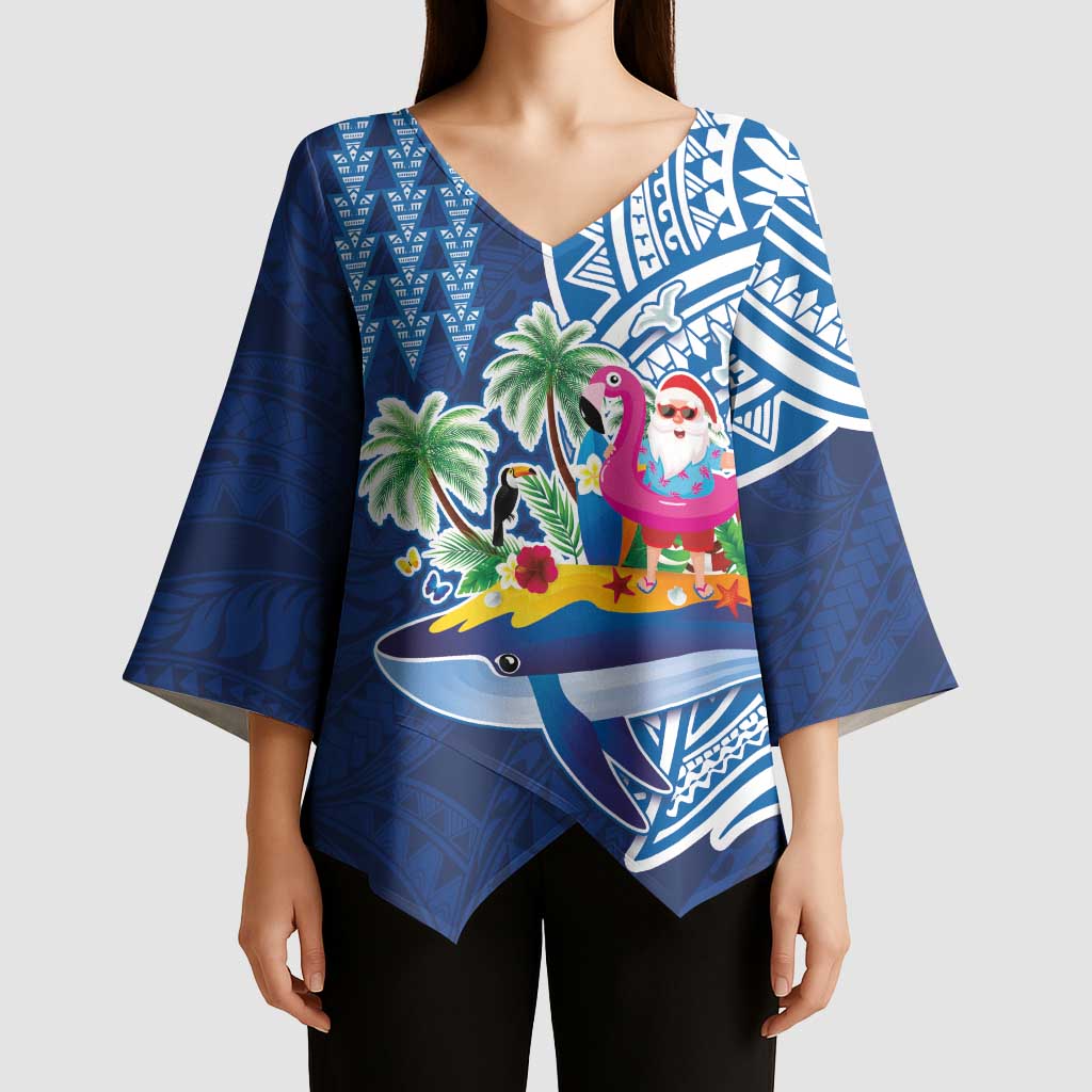 Hawaiian Mele Kalikimaka Kimono Sleeve Blouse Funny Santa on Whale Island with Kakau Tattoos - Polynesian Pride