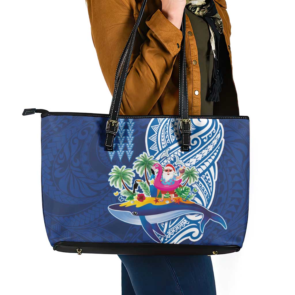 Hawaiian Mele Kalikimaka Leather Tote Bag Funny Santa on Whale Island with Kakau Tattoos - Polynesian Pride
