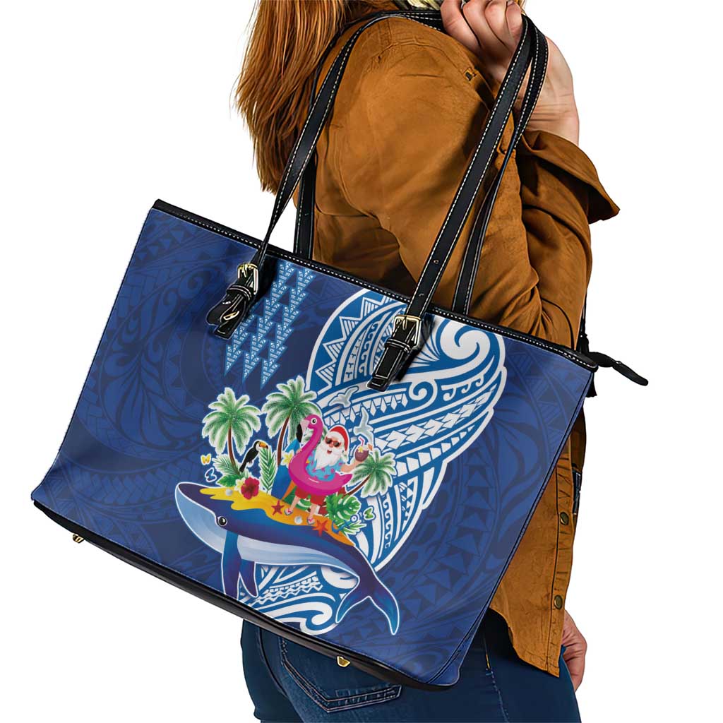 Hawaiian Mele Kalikimaka Leather Tote Bag Funny Santa on Whale Island with Kakau Tattoos - Polynesian Pride