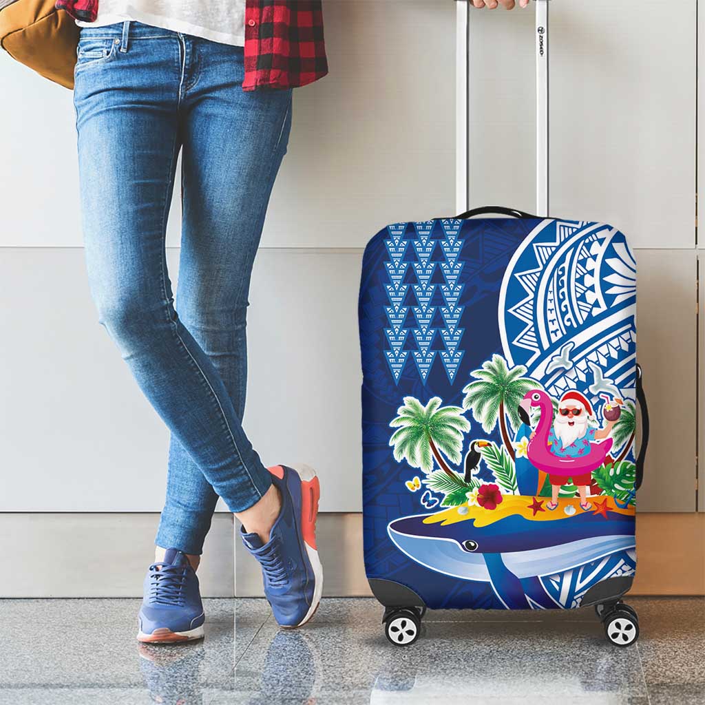 Hawaiian Mele Kalikimaka Luggage Cover Funny Santa on Whale Island with Kakau Tattoos - Polynesian Pride
