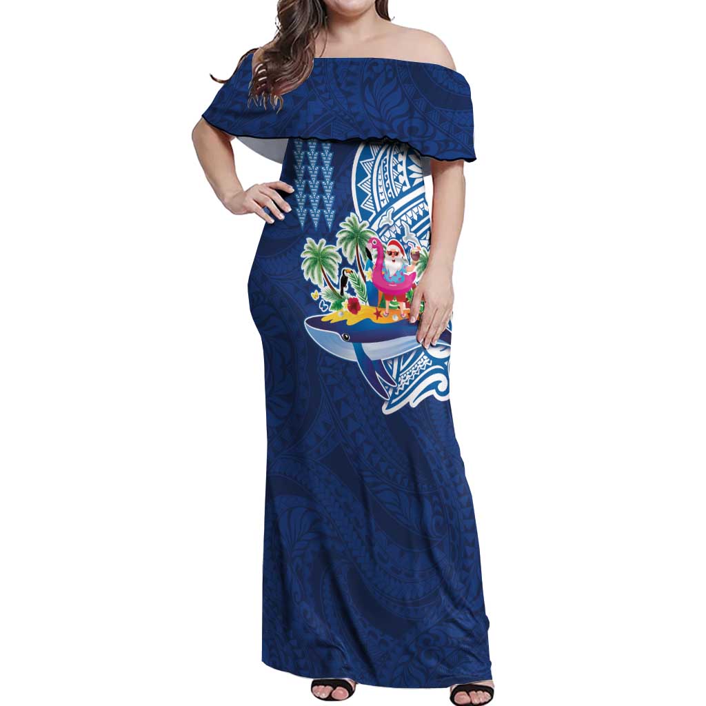 Hawaiian Mele Kalikimaka Off Shoulder Maxi Dress Funny Santa on Whale Island with Kakau Tattoos - Polynesian Pride